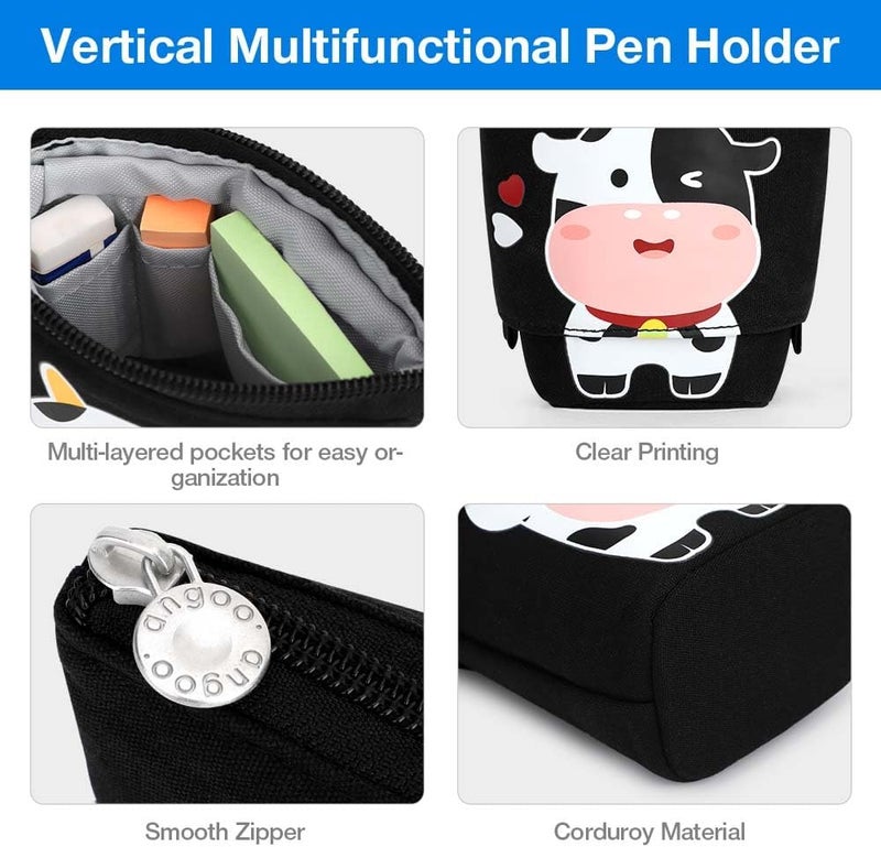 KPX Cute Standing Pencil Case for Kids, Pop Up Pencil Box Makeup Pouch, Christmas Gift Kids Canvas Pen Holder Organizer Cosmetics Bag, Kawaii Stationary (Baby Cow) - Image 3